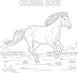 Horse Running in Field Coloring Book Page for Kids