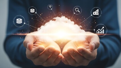 Businessman holding glowing digital cloud computing technology with connected data storage and analytics icons symbolizing global network infrastructure and digital transformation