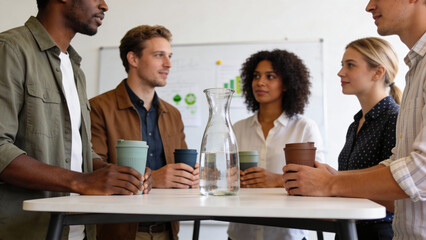 Multicultural Young Professionals at High Table &mdash; Casual Meeting with Reusable Cups, Eco Office, Natural Light, Corporate Blog Header