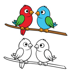 Two cute birds sit together on a leafy branch, facing each other with gentle charm. Simple outlines, soft details, and open spaces make this coloring page calm and delightful.
