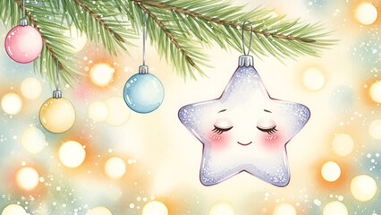 Smiling star Christmas ornament hanging on pine branch with colorful balls