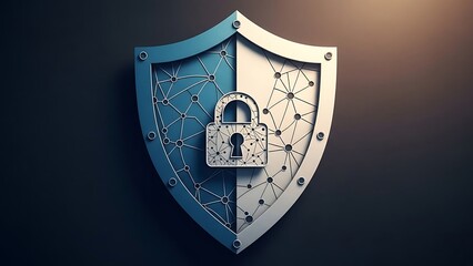 Digital security shield icon featuring a central padlock overlaid on a network grid symbolizing robust data protection and cybersecurity defense mechanisms