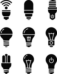 Collection of Light Bulb Icons in Black Silhouette