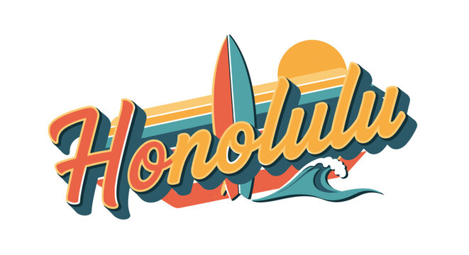 Retro Honolulu design with surfboard, sun, and ocean waves in vintage colors, evoking a classic Hawaiian travel vibe.