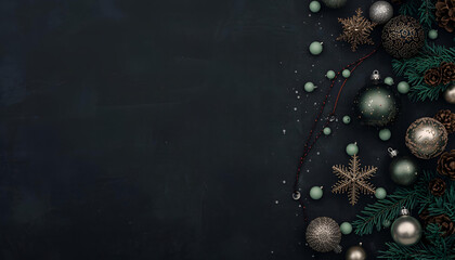 Black Christmas Background with Pine Branches and Hanging Gold Ornaments &mdash; Space for Text