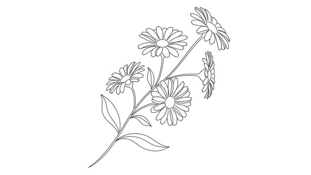 Minimalist Daisy Flower Line Art Illustration: Elegant Botanical Outline Drawing of a Blooming Floral Branch with Leaves on White