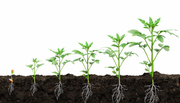 Phased plant growth from seed to maturity, roots visible in fertile soil on white. Symbolizes development, progress, life cycles, and business growth.