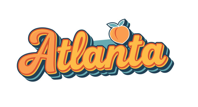 Retro-style 'Atlanta' text with a peach icon, featuring orange and blue layered typography, evoking a vintage travel or city theme.