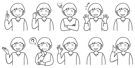 ポーズをとる高齢女性のイラストセット　線画