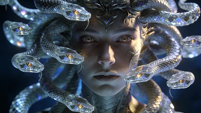 Mystical Medusa with Glowing Eyes and Serpentine Hair in a Dark Setting.