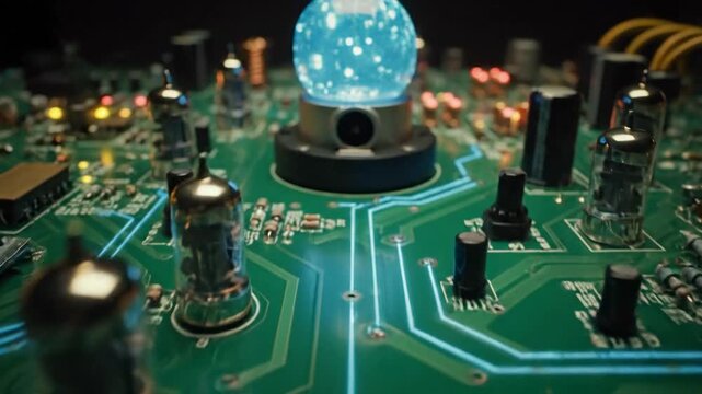 Close-up of a green printed circuit board with components and technology elements.