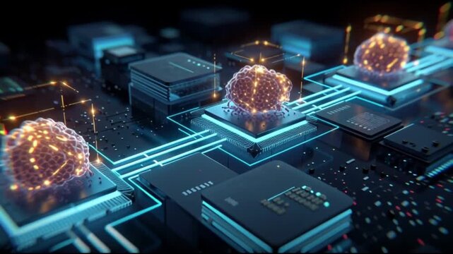 Organoid intelligence. OI. Biocomputing. Synthetic biology. Biological computation. Bioengineered tissue. 3D rendering of organoid intelligence on a circuit board.