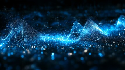 Futuristic data visualization of a soundwave or digital mountain range with glowing particles