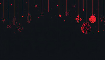 Dark Christmas Background with Red Ornaments and Festive Elements &mdash; Copy Space