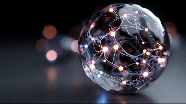 Organoid intelligence. OI. Biocomputing. Synthetic biology. Biological computation. Bioengineered tissue. A glowing sphere with intricate light patterns on a dark background.