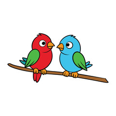 Two cheerful birds sit closely on a leafy branch, their feathers fluffed as they share a peaceful moment amid soft foliage, creating a sweet and serene nature scene.
