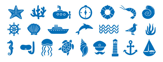 hand drawn doodle sea silhouette elements. marine ships, sailors and underwater plants, shells, starfish and corals. © Yanka
