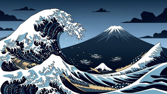 The Great Wave off Kanagawa iconic Japanese woodblock print art depicting Mount Fuji and boats in a stormy sea traditional ukiyo-e style