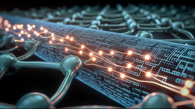 Organoid intelligence. OI. Biocomputing. Synthetic biology. Biological computation. Bioengineered tissue. A close-up view of a biocomputing structure with illuminated pathways.