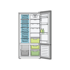 Interior view of an open refrigerator with multiple compartments and drawers.