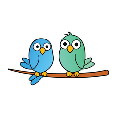 Two cheerful birds sit closely on a leafy branch, their feathers fluffed as they share a peaceful moment amid soft foliage, creating a sweet and serene nature scene.
