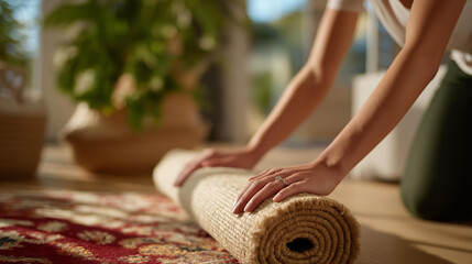 A person rolling up festive rugs and repositioning furniture to restore everyday flow, creating a peaceful, decluttered living room that feels spacious again. cinematic color correction, natural