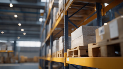 RFID-enabled warehouse shelves automatically updating inventory counts as workers move items, holographic dashboards showing real-time stock accuracy and logistics efficiency. cinematic color