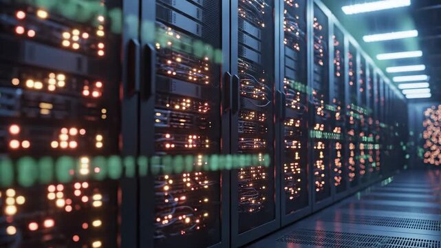 Bright lights flicker in dark corridors of a data center where servers pulse with life. Cables snake through rows as technology hums with purpose. A vibrant showcase of innovation unfolds.