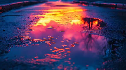 Fototapeta premium The stunning beauty of sunset colors reflected in a roadside puddle after rain