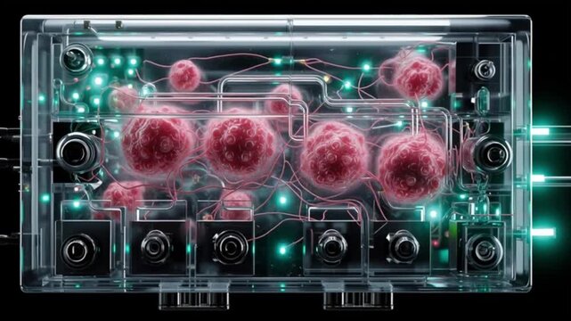 Organoid intelligence. OI. Biocomputing. Synthetic biology. Biological computation. Bioengineered tissue. A biocomputing device with bioengineered tissue cells illuminated.