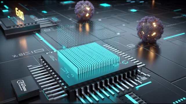 Organoid intelligence. OI. Biocomputing. Synthetic biology. Biological computation. Bioengineered tissue. A futuristic depiction of biocomputing with organoids and a microchip.