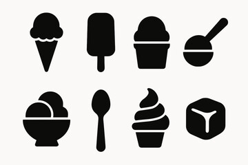 Silhouette icons of ice cream cones, popsicle, spoon, ice cube, and scoop