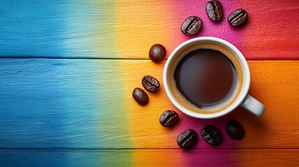 A refreshing cup of dark roast coffee on a vibrant colorful wooden background