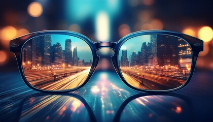 abstract city lights at night through eyeglasses blurry background vision concept