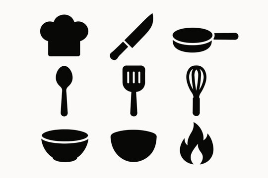 Collection of kitchen utensil silhouettes: iconic culinary tools and equipment