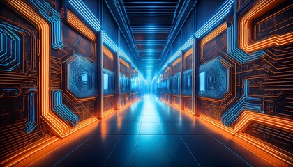 a futuristic corridor illuminated by glowing blue and orange neon lights featuring intricate circuit like patterns on the walls evoking a high tech sci fi atmosphere
