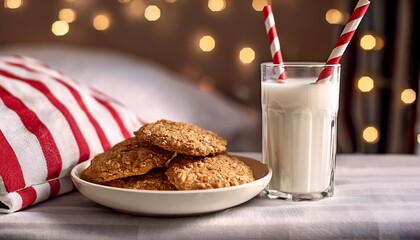 a plate of oatmeal cookies next to a glass of milk with a red and white striped straw the background features a cozy bed with striped bedding