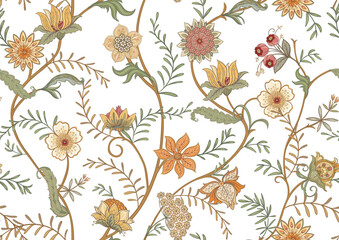 Ornate floral seamless pattern. Elegant hand-drawn botanical motif with intricate repeating layout for textile and wallpaper. Classic flowers and foliage create a refined vintage background.