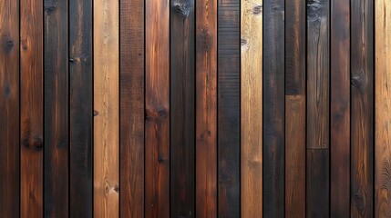 A detailed close-up shot of a rustic wall made of vertical wooden planks in various brown hues