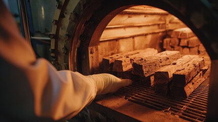 Medium shot capturing an operator placing wood samples inside an industrial oven to determine moisture levels through drying.