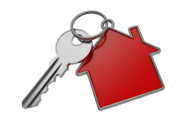 House key and red home keychain on black background symbolizing real estate ownership isolated on transparent background