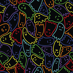 Cute neon ghosts seamless pattern. Vector illustration flat design background. 