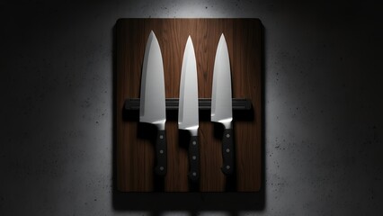 Three Professional Chef Knives Displayed on a Wooden Magnetic Strip