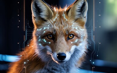Close up portrait of a fox with digital overlay and glowing eyes