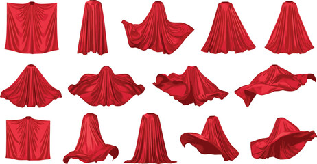 Set of red superhero capes isolated on white background featuring various flowing and flying positions for hero costume design flat vector illustration. © Farzana