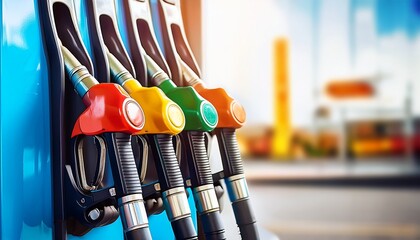 gas station with colorful petrol and diesel pump nozzles closeup of fuel gun at dispenser