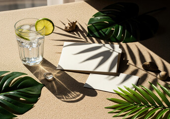 Refreshing Drink with Notes and Tropical Leaves on a Relaxing Surface
