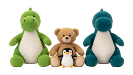 Three stuffed toy animals isolated on transparent background