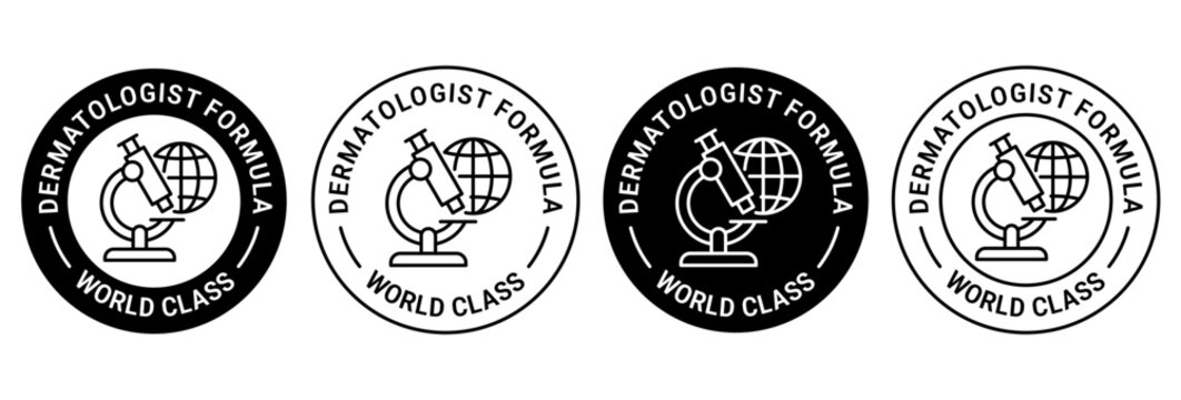 Dermatologically tested set icon. Dermatology, dermatologist, clinically proven, allergy free, laboratory tested, line, label, logo, badge, symbol, vector. Paraben Free label product packaging design.