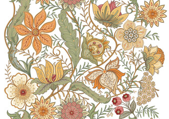 Ornate floral seamless pattern. Elegant hand-drawn botanical motif with intricate repeating layout for textile and wallpaper. Classic flowers and foliage create a refined vintage background.